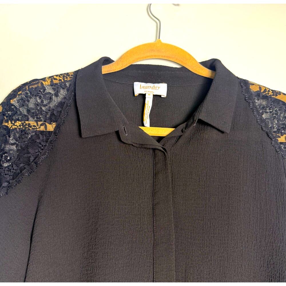 LAUNDRY by SHELLI SEGAL Button Down Black Lace Accent Blouse, Size: M - Picture 3 of 9